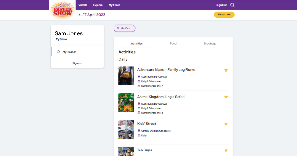Screen shot of MyShow account