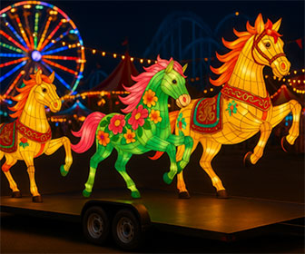Illuminated horse lantern sculptures glowing at night on a parade float at the Sydney Royal Easter Show.