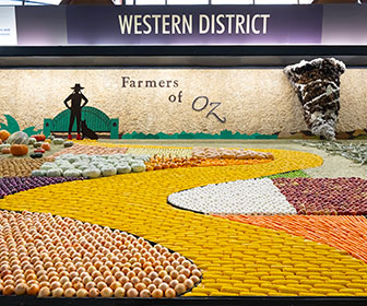 A large agricultural display of corn, onions, pumpkins and other vegetables, curated by Western District exhibitors at the Sydney Royal Easter Show.